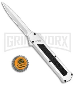 AKC F-16 White D/A OTF Automatic Knife - Dagger Satin Plain -AKC Knives Shop AKC F 16 DA Dagger OTF White Satin BHQ 94221 jr bottlecap large