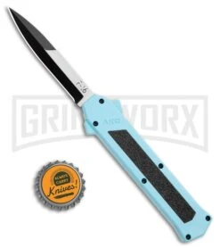 AKC F-16 Teal D/A OTF Automatic Knife - Bayonet Two Tone Plain -AKC Knives Shop AKC F 16 Teal DA OTF Auto Bayo TT Plain GX 35011 jr bottlecap large
