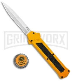 AKC F-16 Yellow D/A OTF Automatic Knife - Bayonet Satin Plain -AKC Knives Shop AKC F 16 Yellow DA OTF Auto Bayo Satin GX 37617 jr bottlecap large