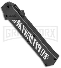 AKC F-16 Zebra D/A OTF Automatic Knife - Bayo Satin Plain -AKC Knives Shop AKC F 16 Zebra DA OTF Auto Bayo Satin Plain BP 25401 jr spine large