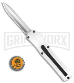 AKC F-20 White D/A OTF Automatic Knife - Spear Point Satin Plain -AKC Knives Shop AKC F 20 D A Spear Point OTF AK White Aluminium 3in Satin BHQ 158200 td size large