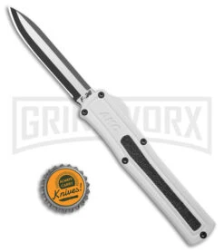 AKC F-20 White Aluminum D/A Drop Point OTF Automatic Knife - Two Tone Plain -AKC Knives Shop AKC F 20 DA DP OTF Auto White Aluminum TT BHQ 179282 jr bottlecap large
