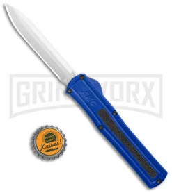 AKC F-20 Blue D/A OTF Automatic Knife - Spear Point Satin Plain -AKC Knives Shop AKC F 20 DA Dagger OTF Auto Blue Satin BHQ 140833 jr bottlecap large