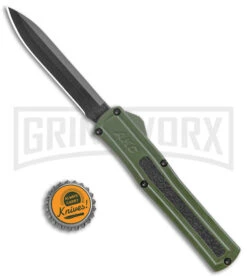 AKC F-20 Green D/A OTF Automatic Knife - Black Plain -AKC Knives Shop AKC F 20 DA Dagger OTF Auto OD Green Black BHQ 140846 jr bottlecap large