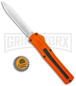 AKC F-20 Orange D/A OTF Drop Point Automatic Knife - Satin Plain -AKC Knives Shop AKC F 20 DA Dagger OTF Auto Orange Satin BHQ 140491 jr bottlecap large
