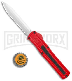 AKC F-20 Red D/A OTF Automatic Knife - Satin Plain -AKC Knives Shop AKC F 20 DA Dagger OTF Auto Red Satin BHQ 140483 jr bottlecap large