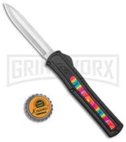 AKC F-20 Black W/ Tie Dye Inlay D/A OTF Automatic Knife - Satin Plain -AKC Knives Shop AKC F 20 DA SP OTF Auto Black Tie Dye Inlay Satin BHQ 152893 jr bottlecap large