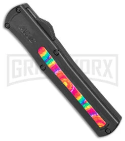 AKC F-20 Black W/ Tie Dye Inlay D/A OTF Automatic Knife - Satin Plain -AKC Knives Shop AKC F 20 DA SP OTF Auto Black Tie Dye Inlay Satin BHQ 152893 jr spine large