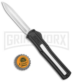 AKC F-20 Black W/ White Inlay D/A OTF Automatic Knife - Satin Plain -AKC Knives Shop AKC F 20 DA SP OTF Auto Black White Inlay Satin BHQ 152917 jr bottlecap large