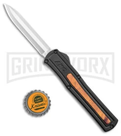 AKC F-20 Black W/ Wood Inlay D/A OTF Automatic Knife - Satin Plain -AKC Knives Shop AKC F 20 DA SP OTF Auto Black Wood Inlay Satin BHQ 152445 jr bottlecap large