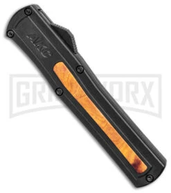 AKC F-20 Black W/ Wood Inlay D/A OTF Automatic Knife - Satin Plain -AKC Knives Shop AKC F 20 DA SP OTF Auto Black Wood Inlay Satin BHQ 152445 jr spine large