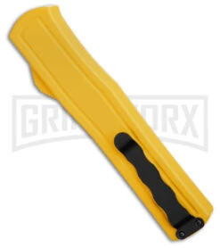 AKC F-20 D/A Dagger Yellow Aluminum OTF Automatic Knife - Satin Plain -AKC Knives Shop AKC F20 DA OTF AK Dagger yellow Alum 3in Satin BHQ 178761 td side large