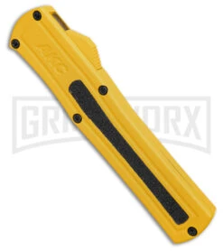 AKC F-20 D/A Dagger Yellow Aluminum OTF Automatic Knife - Satin Plain -AKC Knives Shop AKC F20 DA OTF AK Dagger yellow Alum 3in Satin BHQ 178761 td spine large