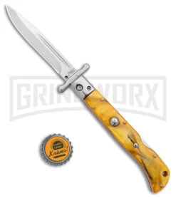 Italian Style 9" Roma Yellow Pearlex Automatic Swinguard - Polished Plain -AKC Knives Shop AKC Italian Style 9in Roma DP Auto Swinguard Yellow Pearlex Polished BHQ 175957 jr bottlecap large