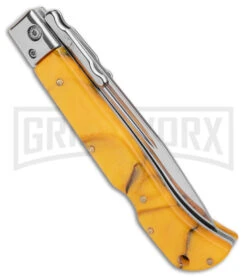 Italian Style 9" Roma Yellow Pearlex Automatic Swinguard - Polished Plain -AKC Knives Shop AKC Italian Style 9in Roma DP Auto Swinguard Yellow Pearlex Polished BHQ 175957 jr side large