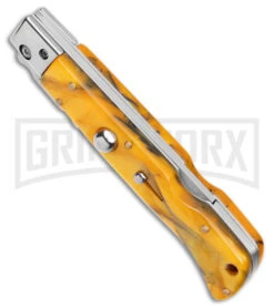Italian Style 9" Roma Yellow Pearlex Automatic Swinguard - Polished Plain -AKC Knives Shop AKC Italian Style 9in Roma DP Auto Swinguard Yellow Pearlex Polished BHQ 175957 jr spine large
