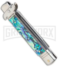AKC 7.75" Leverletto Abalone Automatic Knife - Flat -AKC Knives Shop AKC Leverletto 7.75 Auto Italian Stiletto Abalone Satin Flat BHQ 104097 jr side large