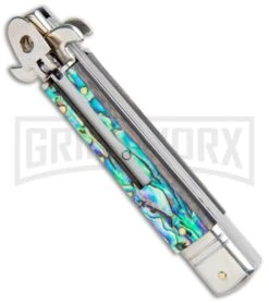 AKC 7.75" Leverletto Abalone Automatic Knife - Flat -AKC Knives Shop AKC Leverletto 7.75 Auto Italian Stiletto Abalone Satin Flat BHQ 104097 jr spine large
