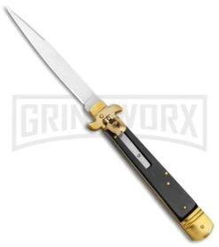 AKC 9" Leverletto Ebony Wood Brass Automatic Knife - Flat Grind