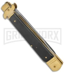 AKC 9" Leverletto Ebony Wood Brass Automatic Knife - Flat Grind -AKC Knives Shop AKC Leverletto 9in LL Auto Italian Brass Ebony Wood Satin BHQ 50869 jr side large