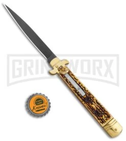 AKC 9" Leverletto Stag Horn Brass Black Automatic Knife - Flat Grind -AKC Knives Shop AKC Leverletto 9in LL Auto Italian Brass Stag Horn Black BHQ 135092 jr bottlecap large