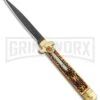 AKC 9" Leverletto Stag Horn Brass Black Automatic Knife - Flat Grind -AKC Knives Shop AKC Leverletto 9in LL Auto Italian Brass Stag Horn Black BHQ 135092 jr large
