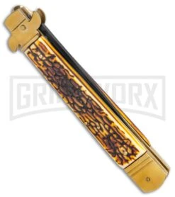 AKC 9" Leverletto Stag Horn Brass Black Automatic Knife - Flat Grind -AKC Knives Shop AKC Leverletto 9in LL Auto Italian Brass Stag Horn Black BHQ 135092 jr side large