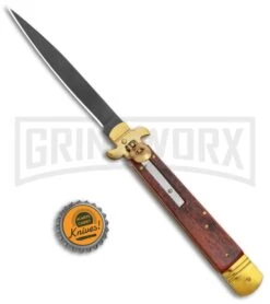 AKC 9" Leverletto Wood Brass Black Automatic Knife - Flat Grind -AKC Knives Shop AKC Leverletto 9in LL Auto Italian Brass Wood Black BHQ 135093 jr bottlecap large