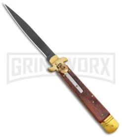 AKC 9" Leverletto Wood Brass Black Automatic Knife - Flat Grind