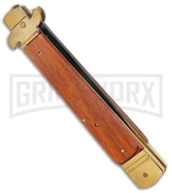 AKC 9" Leverletto Wood Brass Black Automatic Knife - Flat Grind -AKC Knives Shop AKC Leverletto 9in LL Auto Italian Brass Wood Black BHQ 135093 jr side large