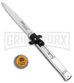 AKC 9" Tactical Leverletto Polished Silver Automatic Knife - Satin Flat Grind -AKC Knives Shop AKC Leverletto 9in LL Auto Italian Polished Silver Satin BHQ 86766 jr bottlecap large