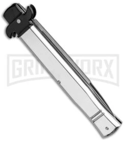 AKC 9" Tactical Leverletto Polished Silver Automatic Knife - Satin Flat Grind -AKC Knives Shop AKC Leverletto 9in LL Auto Italian Polished Silver Satin BHQ 86766 jr side large