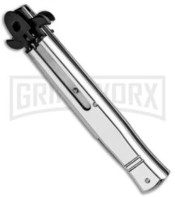 AKC 9" Tactical Leverletto Polished Silver Automatic Knife - Satin Flat Grind -AKC Knives Shop AKC Leverletto 9in LL Auto Italian Polished Silver Satin BHQ 86766 jr spine large