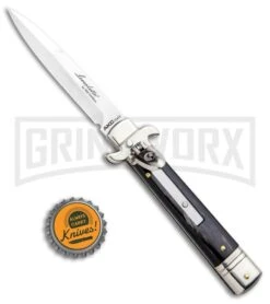 AKC 7.75" Leverletto Dark Horn Automatic Knife - Satin Bayonet 9 AKC 7.75" Leverletto Dark Horn Automatic Knife - Satin Bayonet -AKC Knives Shop AKC Leverletto LL Auto Dark Horn Bayo GX 0299 jr bottlecap large