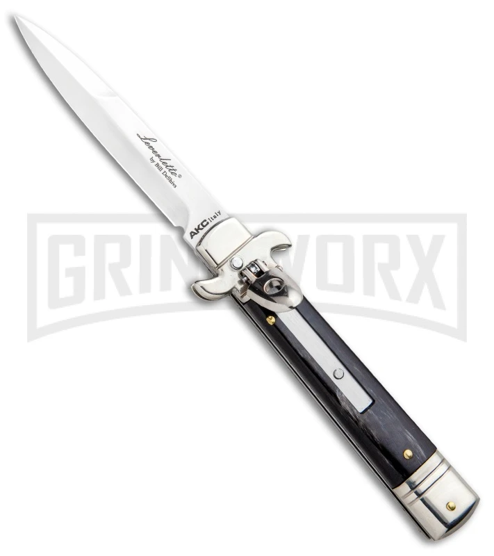 AKC 7.75" Leverletto Dark Horn Automatic Knife - Satin Bayonet 3 AKC 7.75" Leverletto Dark Horn Automatic Knife - Satin Bayonet