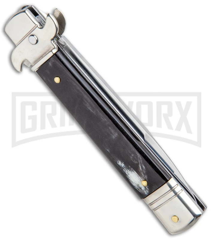 AKC 7.75" Leverletto Dark Horn Automatic Knife - Satin Bayonet 5 AKC 7.75" Leverletto Dark Horn Automatic Knife - Satin Bayonet - Image 3