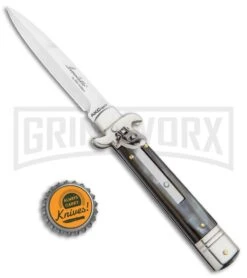 AKC 7.75" Leverletto Honey Horn Automatic Knife - Satin Bayonet -AKC Knives Shop AKC Leverletto LL Auto Honey Horn Bayo BHQ 92872 jr bottlecap large