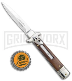 AKC 7.75" Bill DeShivs Leverletto Cocobolo Auto Knife - Satin Plain Bayonet -AKC Knives Shop AKC Leverletto LL Auto Italian Cocobolo Satin Bayo BHQ 139808 jr bottlecap large