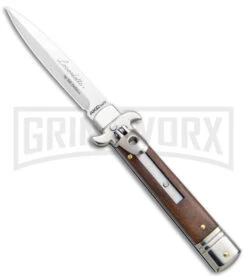 AKC 7.75" Bill DeShivs Leverletto Cocobolo Auto Knife - Satin Plain Bayonet