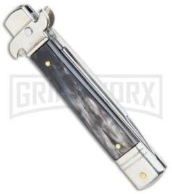 AKC 7.75" Leverletto Dark Horn Automatic Knife - Satin Flat -AKC Knives Shop AKC Leverletto LL Auto Italian Dark Horn Satin BHQ 108339 jr side large