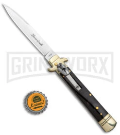 AKC 9" Ebony Leverlock Automatic Stiletto Bayonet Knife - Satin Plain -AKC Knives Shop AKC Leverletto LL Ebony Satin Bayo BHQ 139882 jr bottlecap large