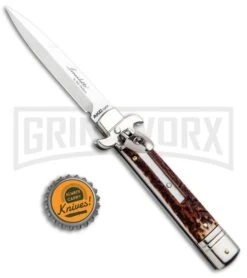 AKC 7.75" Leverletto Stag Automatic Knife - Satin Bayonet 9 AKC 7.75" Leverletto Stag Automatic Knife - Satin Bayonet -AKC Knives Shop AKC Leverletto Stag Auto Bayo GX 33460 jr bottlecap large