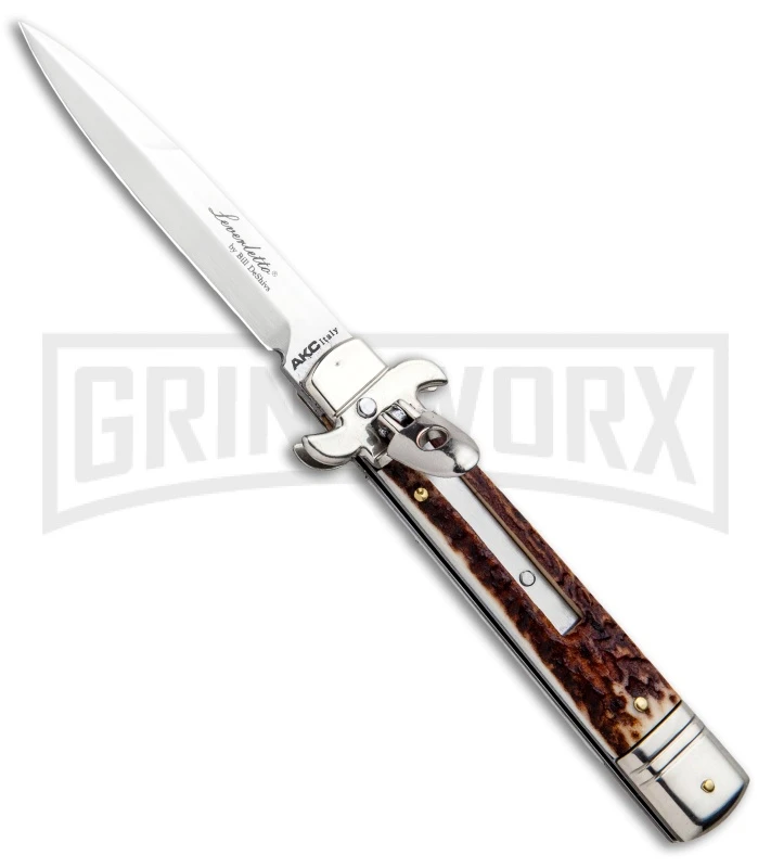 AKC 7.75" Leverletto Stag Automatic Knife - Satin Bayonet 3 AKC 7.75" Leverletto Stag Automatic Knife - Satin Bayonet