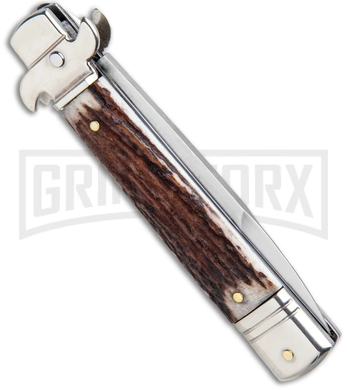 AKC 7.75" Leverletto Stag Automatic Knife - Satin Bayonet 5 AKC 7.75" Leverletto Stag Automatic Knife - Satin Bayonet - Image 3