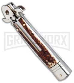 AKC 7.75" Leverletto Stag Automatic Knife - Satin Bayonet 7 AKC 7.75" Leverletto Stag Automatic Knife - Satin Bayonet -AKC Knives Shop AKC Leverletto Stag Auto Bayo GX 33460 jr spine large