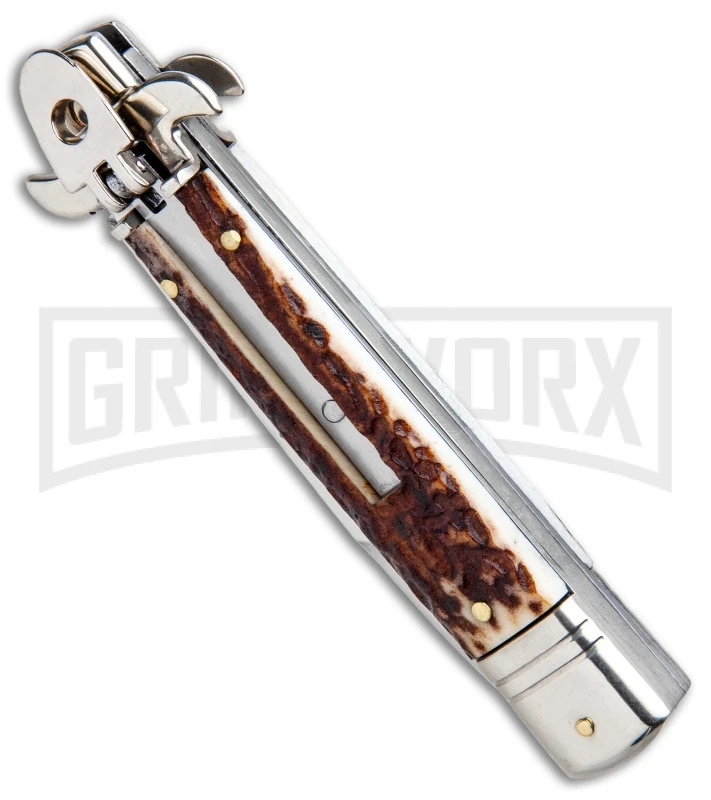 AKC 7.75" Leverletto Stag Automatic Knife - Satin Bayonet 4 AKC 7.75" Leverletto Stag Automatic Knife - Satin Bayonet - Image 2