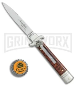 AKC 7.5" Leverletto Snakewood Automatic Knife - Flat Grind -AKC Knives Shop AKC Leverletto snakewood flat grind BP 0439 er bottlecap large