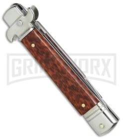 AKC 7.5" Leverletto Snakewood Automatic Knife - Flat Grind -AKC Knives Shop AKC Leverletto snakewood flat grind BP 0439 er side large
