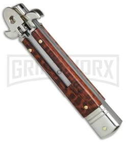 AKC 7.5" Leverletto Snakewood Automatic Knife - Flat Grind -AKC Knives Shop AKC Leverletto snakewood flat grind BP 0439 er spine large