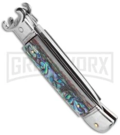 AKC 8" Shot Shell Puller Lever Lock Abalone Automatic Knife - Flat Plain -AKC Knives Shop AKC Shot Puller 8in LL Italian Abalone BHQ 68879 jr side large